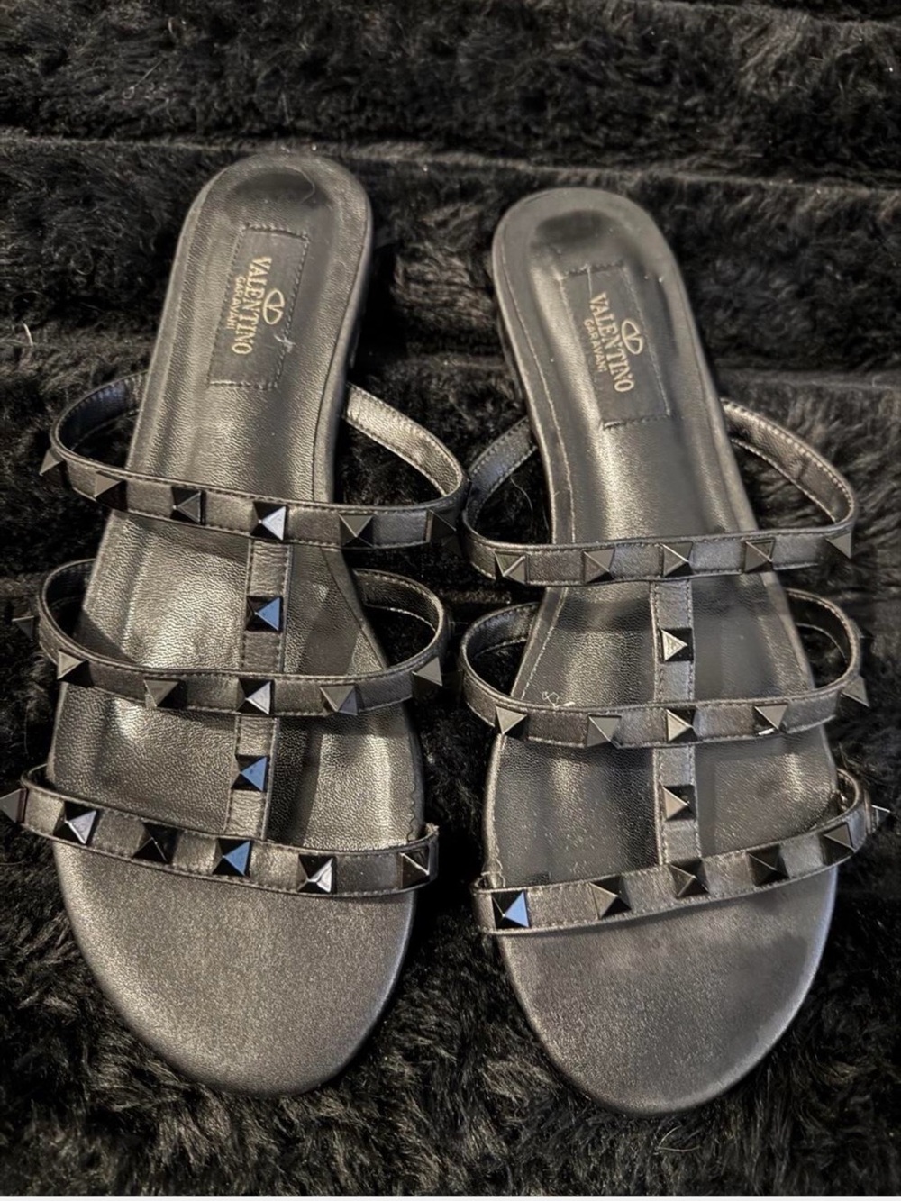 Valentino Garavani Black Pyramid Rockstud Triple-Strap Slide Sandals